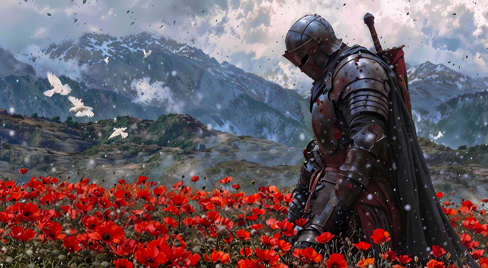 Armored Knight In Poppy Fields 4K Desktop Wallpaper