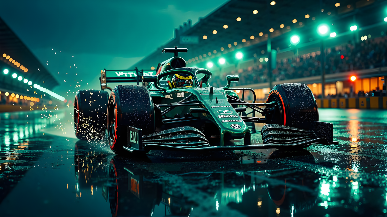 Aston Martin F1 Night Rain 4K Desktop Wallpaper