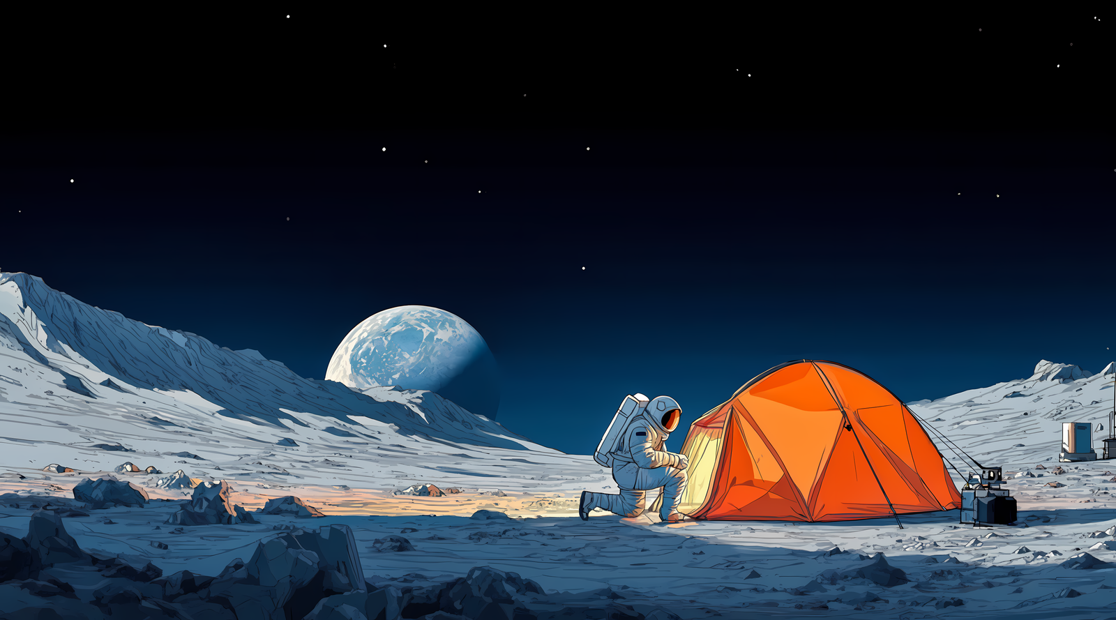 Astronaut Moon Camping Earth View 4K Desktop Wallpaper